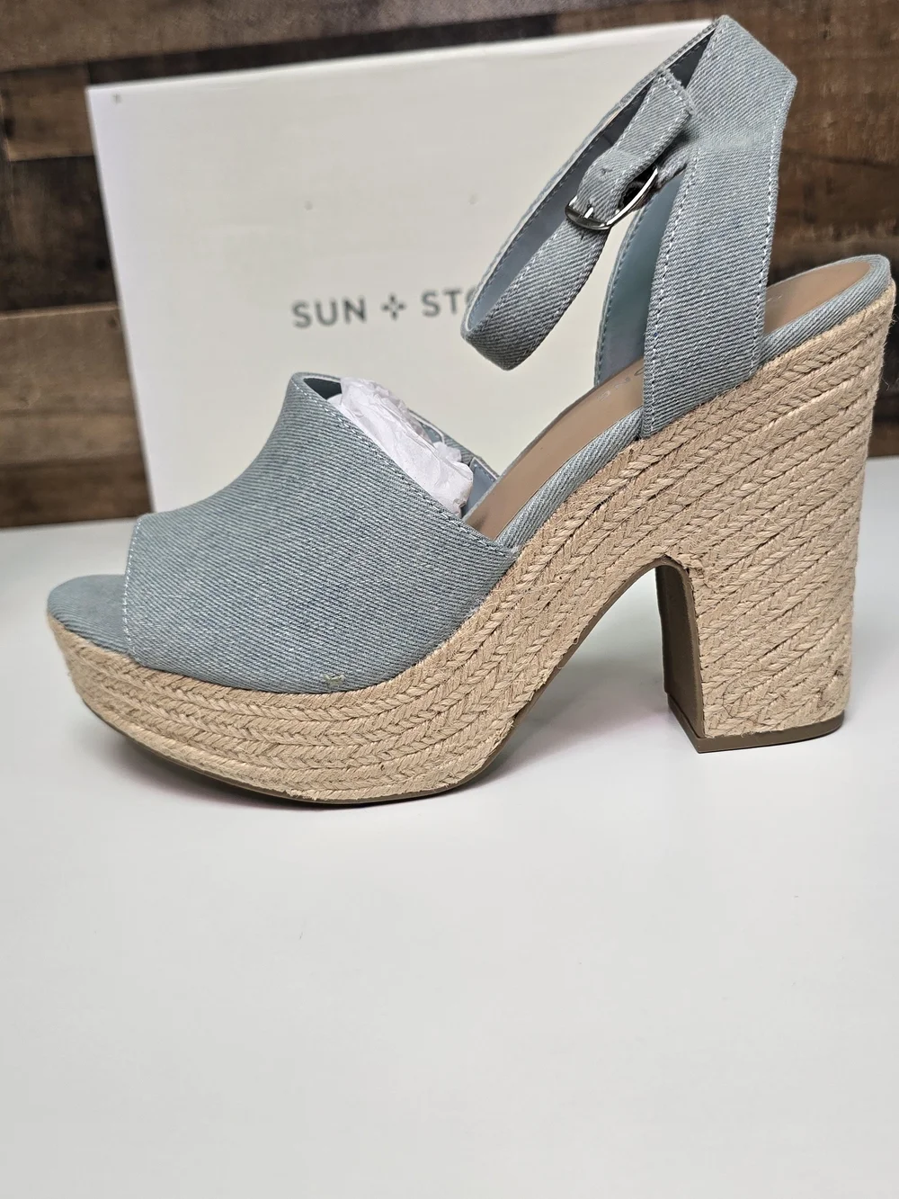 Sun + Stone Light Blue Denim Platform Espadrille Sandals